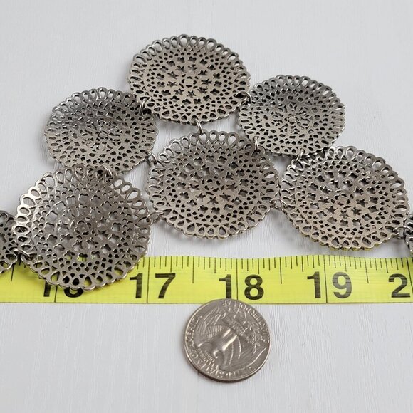 Silver Tone Filigree Circle Link Waterfall Necklace 19 In Lobster Clasp - Picture 6 of 6